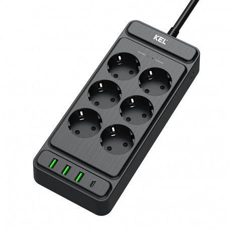 kel ülepingekaitsega pistikupesaliist 6 × 2P+Z pistikupesa, USB-A- ja USB-C-pesad, 2m, Schuko