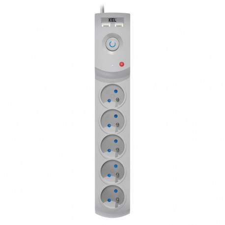 Professionaalne kaitsme ja liigpingekaitsega pikendusjuhe, 5 pistikupesa, 2 USB-porti, 5m, 10A, 230V