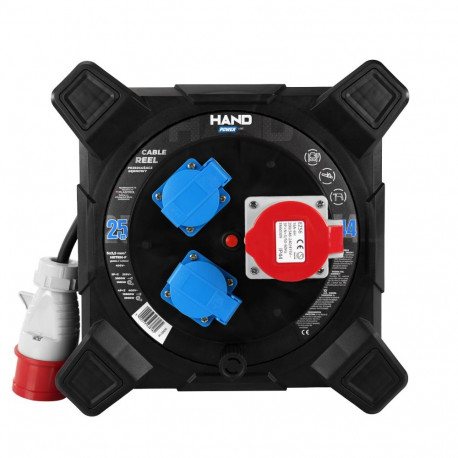 Kandiline pikendusjuhtme rull HAND PWR; 4P+Z; 2x2p+Z; IP44; 16A; 400V H07RN-F; 52,5; 25m, must