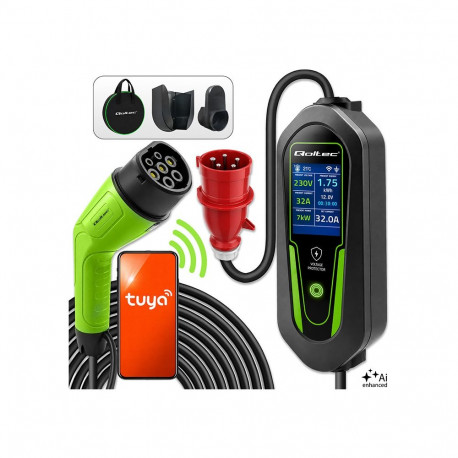 Qoltec elektriautode ja hübriidide laadija 2-in-1 reguleeritav Type2 7kW 230V CEE 32A Wi-Fi Tuya Sma
