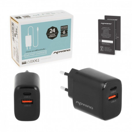 GaN-laadija 20W USB-C PD + USB-A, must