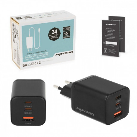 GaN-laadija 65W 2x USB-C PD + USB-A, must