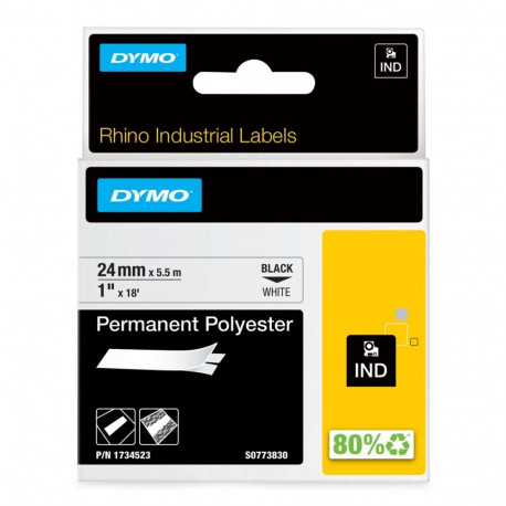 DYMO Rhino Industrial Permanent Polyester Labels | 24 mm x 5.5 m | Black Print on White | Self-Adhes