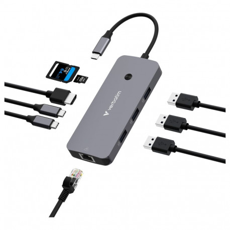 "D Verbatim USB-C Pro Multiport-Hub CMH-09, 9 Port (grau, HDMI, RJ-45, 3x USB-A, 2x USB-C, SD, micro