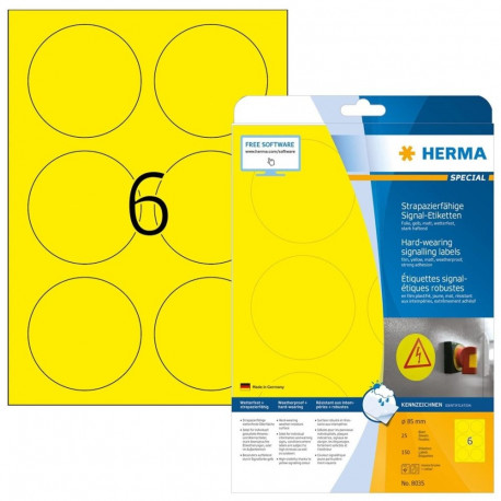HERMA Signs signalling hard-wearing A4 Ø 85 mm round yellow strong adhesion film matt weatherpr 150 