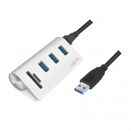 Logilink USB 3.0 HUB 3-Port, mit Kartenleser, ALU, silber