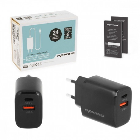 GaN laadija 30W USB-C PD + USB-A, must