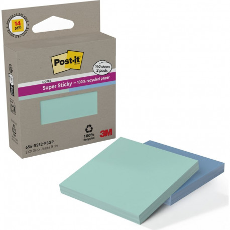 Post-it® Super Sticky 100% Recycled Notes 654-RSS2-PSGP, Mint & Blue, 76 mm x 76 mm, 70 Sheets/Pad, 