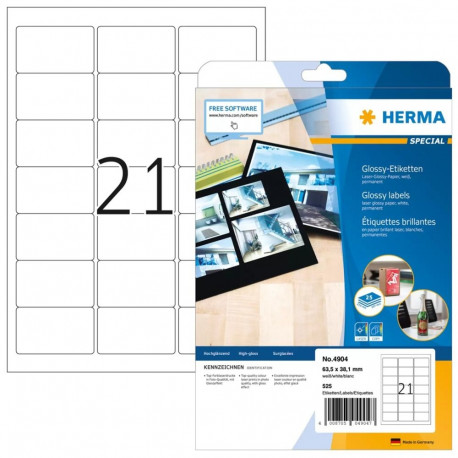 HERMA etiketid A4 63,5x38,1mm, valge läikiv paber, 525 tk.