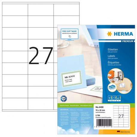 HERMA etiketid Premium A4 70x32mm, matt valge paber, 2700tk.