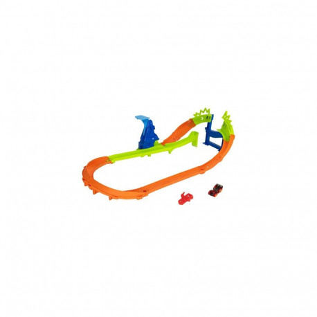 Hot Wheels Stunt Tracks Jump Circuit Speedway with 1:64 Scale Die-Cast Toy Car, 180-Degree Curve