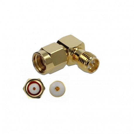 Üleminek RP-SMA pistik - RP-SMA pesa, 10 GHz, kullatud, nurgaga