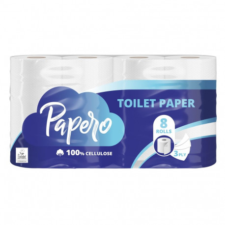 Tualettpaber PAPERO, 3 kihti, 15,95 m, 145 lehte, 8 rulli/ pakk