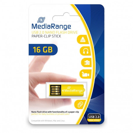 MediaRange USB-nanopulk 16GB klambrifunktsiooniga, kollane