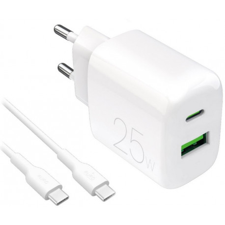 Puro USB laadija Prolite 25W USB-A/USB-C + kaabel, valge