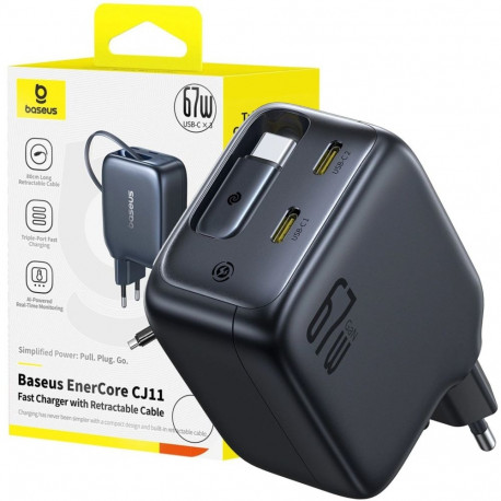 Baseus Sienas atrais ladetajs EnerCore CJ11 67W 2xUSB-C ar ievelkamu USB-C kabeli 0 8 m melns (69321