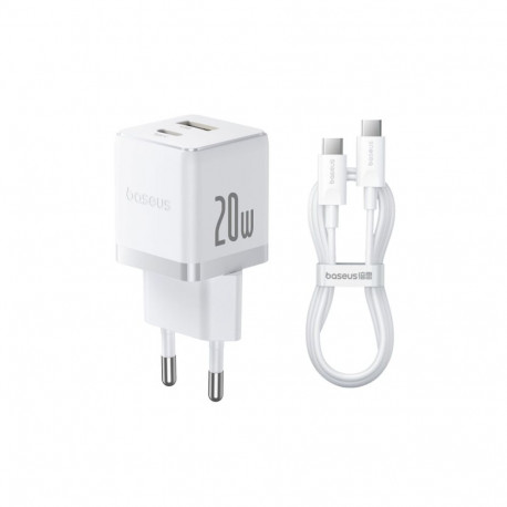 Baseus Sienas atrais ladetajs Palm 20W USB + USB-C QC3.0 PD3.0 ar USB-C kabeli 1 m balts (6932172677