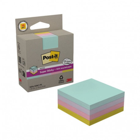 Post-it® Super Sticky 100% Recycled Cube, Assorted Pastel Colours, 76 mm x 76 mm, 276 Sheets/Pad