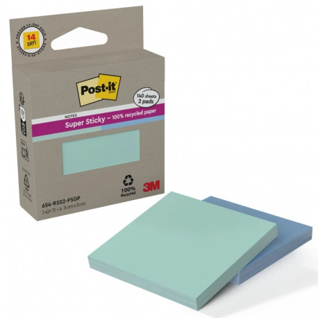 Märkmepaber iseliimuv Post-it 654 Super Sticky Recycled Notes, 76 x 76mm 2x70 lehte, sinine ja münt,
