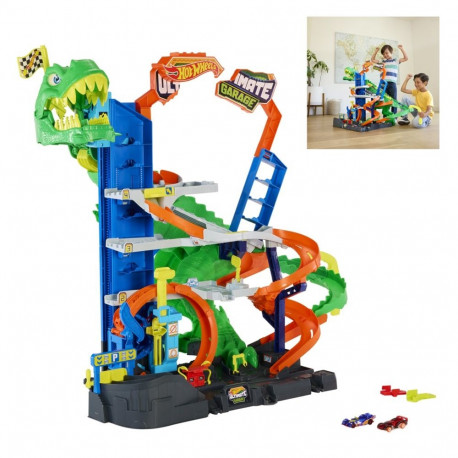 Hot Wheels garaaž City Ultimate T-Rex Garage, 2 mänguautoga, hoiukoht enam kui 50 autole, võidusõidu
