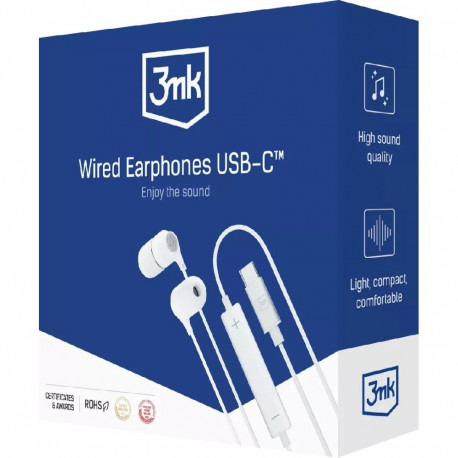 3MK juhtmega USB-C kõrvasisene peakomplekt kõnedeks ja muusikaks, valge