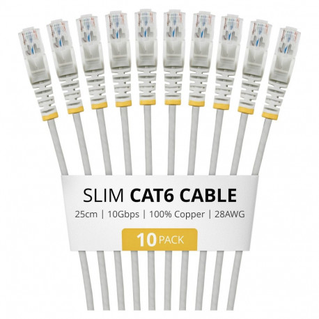 "STARTECH.COM 25cm Gray Slim CAT6 Cable 10 Pack Snagless 100W PoE UTP LSZH 28AWG Pure Bare Copper Wi