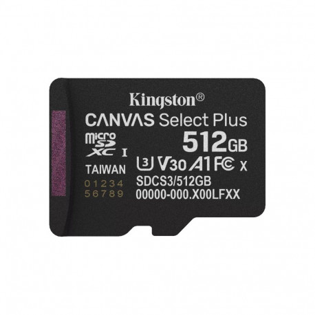 Kingston Technology microSDXC-mälukaart 512GB Canvas Select Plus Gen3 150R A1 üksikpakend ilma ADP-t