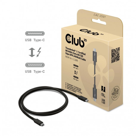 CLUB3D kaabel Thunderbolt™ 5 sertifitseeritud 8K240Hz andmeside 80/120 Gbps EPR 240W M/M 1m / 3.28ft