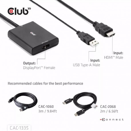 CLUB3D aktiivne HDMI + Micro USB–DisplayPort™ adapter 4K120Hz või 8K30Hz M/F
