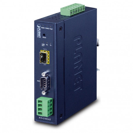 "industrial RS-232 -422 -485 to IP converter - 1x COM - 1x 100Base-FX -SFP - 9-48VDC - -40-+75"