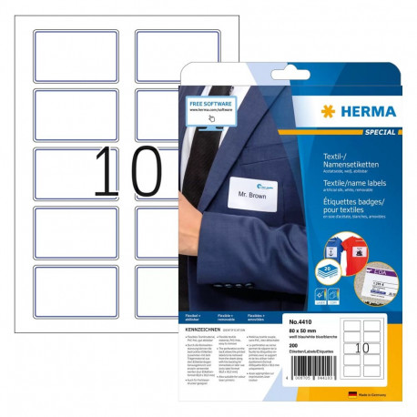 HERMA tekstiili-/nimesildid A4 80x50mm 200tk, valge/sinine
