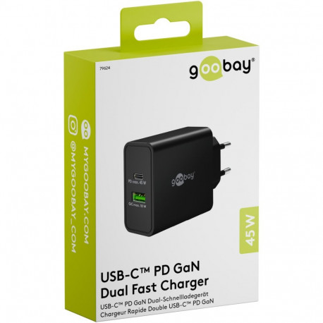 Goobay kiirlaadija 45W USB-C PD GaN kahe pordiga, must