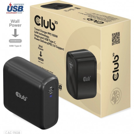 CLUB3D reisilaadija 100W GaN-tehnoloogiaga USB-IF TID-sertifikaadiga ühe pordiga USB Type-C Power De