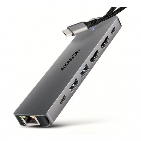 AXAGON USB-jaotur HMC-7HX2, 2x USB-A, 1x USB-C, 2x HDMI 2.0, 1x RJ45, 100W PD, hõbedane