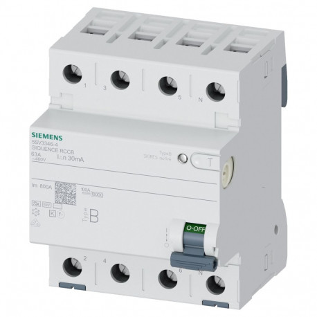Siemens rikkevoolukaitse 5SV33464 5SV3346-4 tüüp B 63A 3+N-pooluseline 30mA 400V 4TE