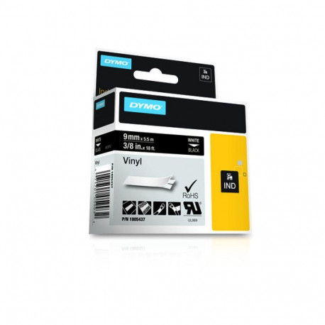 Label Tape - Dymo Vinyl White Black Indoor/Outdoor Use