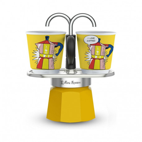 Bialetti Mini Express Lichtenstein espressokannu komplekt + 2 espressotassi