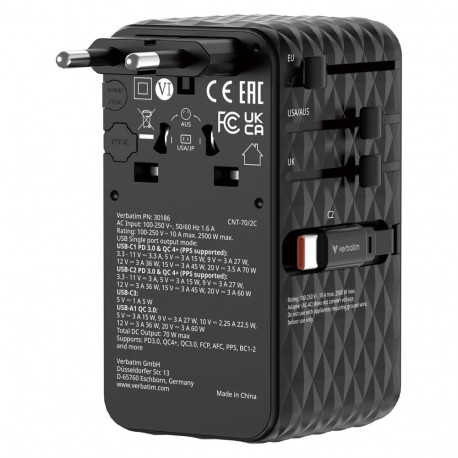 "Verbatim Charge'n'Travel Adapter 70W 2C retractable black"