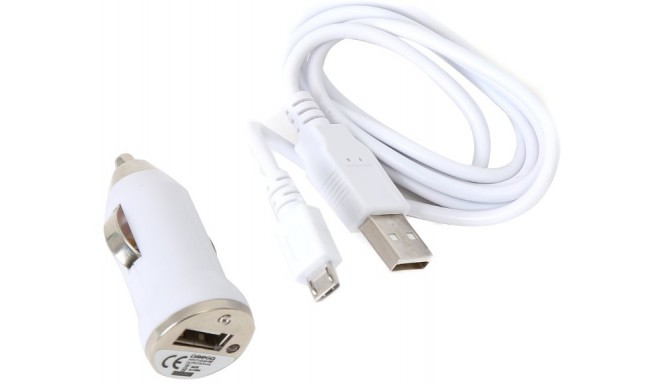 Omega автомобильный зарядный адаптер USB + кабель, белый (42548)