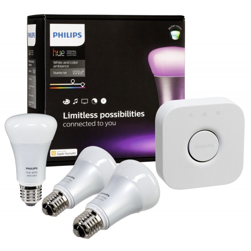 Philips Hue LED Lampe E27 10W 3 Pack StartSet Incl Bridge