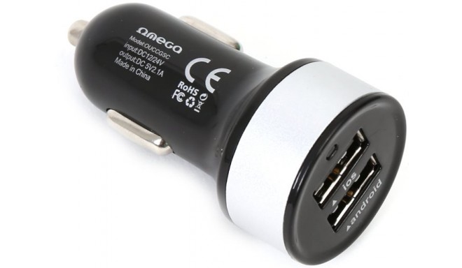 Omega автомобильный зарядный адаптер 2xUSB + кабель, серебристый (42545)