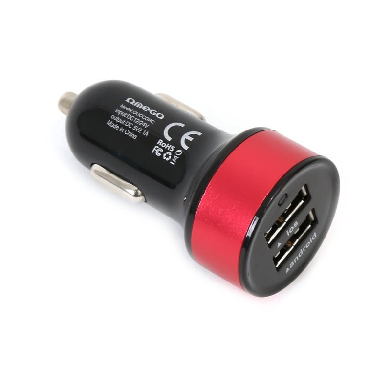 Omega автомобильный зарядный адаптер 2xUSB + кабель, красный (42544)
