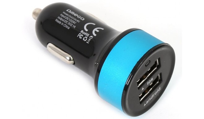 Omega автомобильный зарядный адаптер 2xUSB + кабель, светло-синий (42543)
