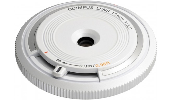 Olympus kerekork-objektiiv 15mm f/8.0, valge